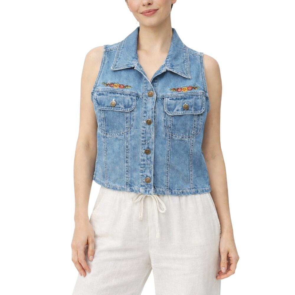 At Last & Co. 1990s Vintage Denim Floral Embroidered Vest Jean Vest Size Small